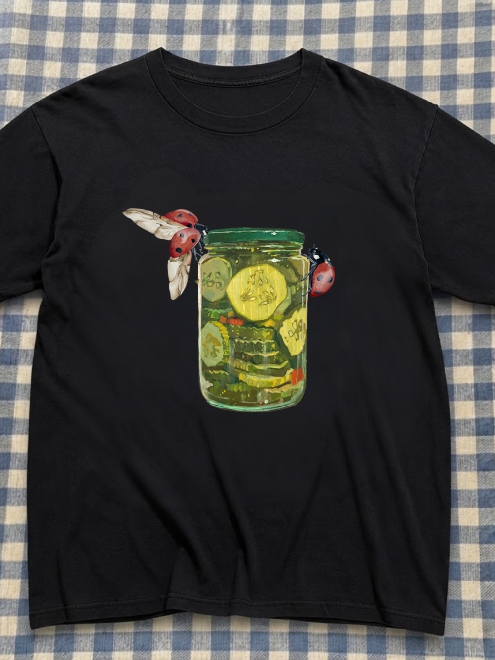 Black Tee with Pickle Jar & Ladybug Graphic